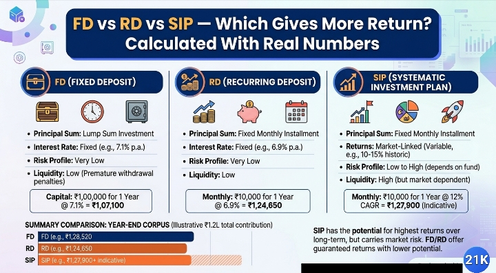FD vs RD vs SIP — Which Gives More Return? Calculated With Real Numbers